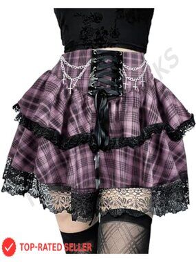 Womens Mini Gothic Skirt Tie Waist Layered Punk Emo A-Line Skater